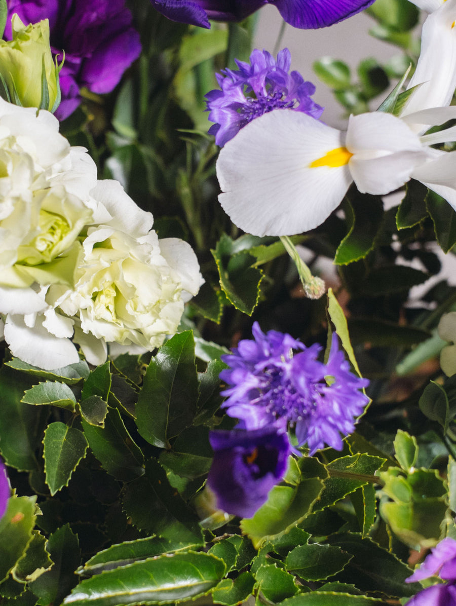 Canasto de flores blancos y morados